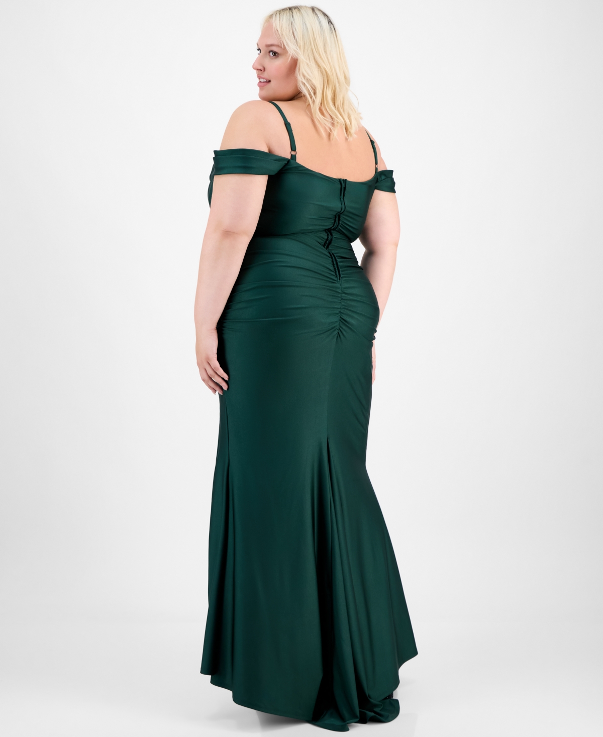 B Darlin Trendy Plus Size Ruched Cold-shoulder Gown In Green