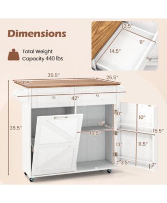 Rolling Kitchen Island with Trash Can Cabinet and Rubber Universal Wheels