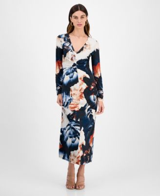 Juniors' Long-Sleeve Floral-Print Ruched-Front Dress