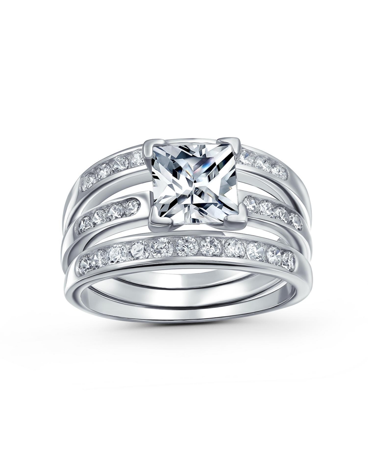 Square 2CT Solitaire Princess Cut Cz 3 Triple Pave Band Guard Inset Enhancers Ring Set .925 Sterling Silver - Silver c