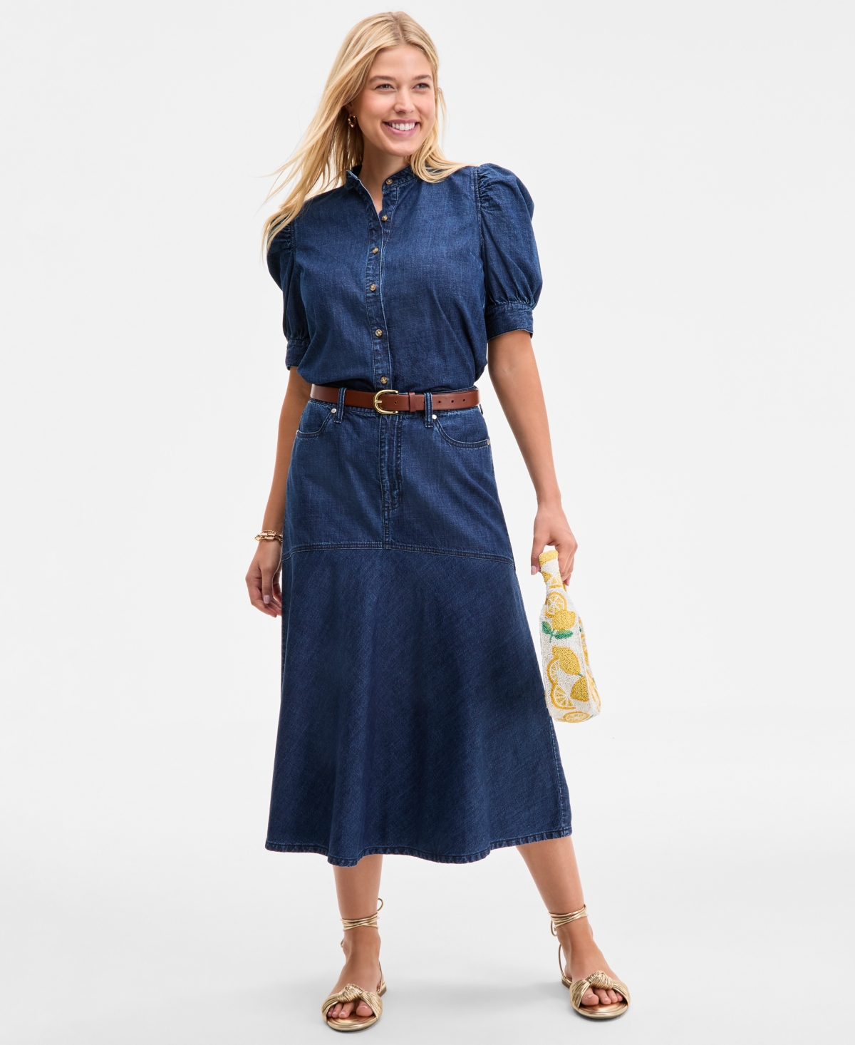 On 34th Womens Cotton Denim Puff Sleeve Shirt Denim Flared Midi Skirt Exclusively At Macys In Blue