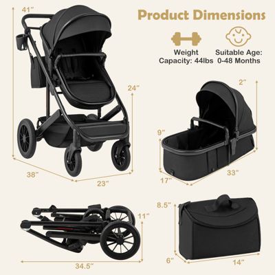 Toddler 3-in-1 Folding Convertible Newborn Stroller with Detachable Bassinet