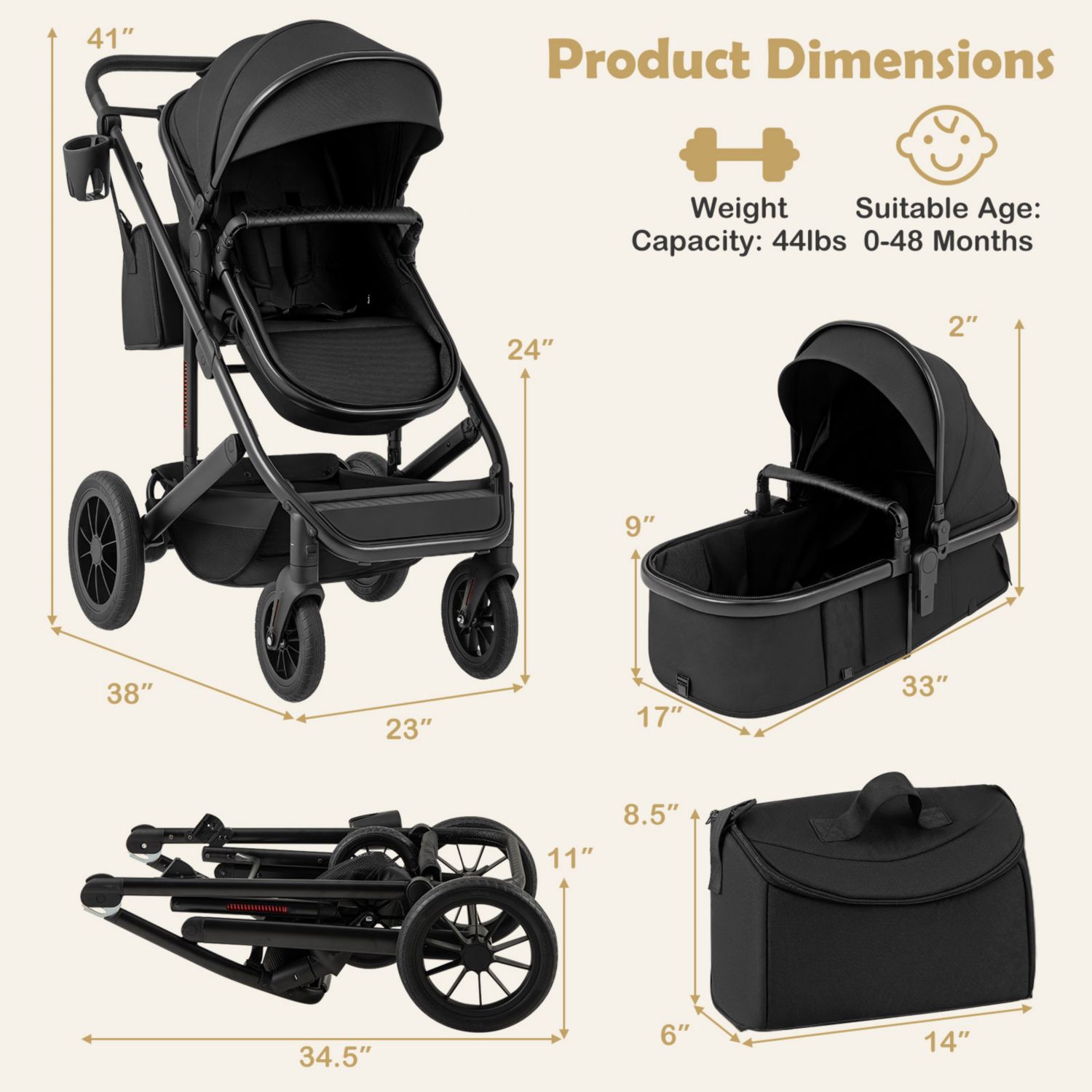 3-in-1 Baby Stroller with Detachable Bassinet and Convertible Seat for Newborns
