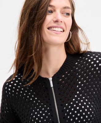Women's Perforated Zip-Front Sweater Bomber, Exclusively at Macy's