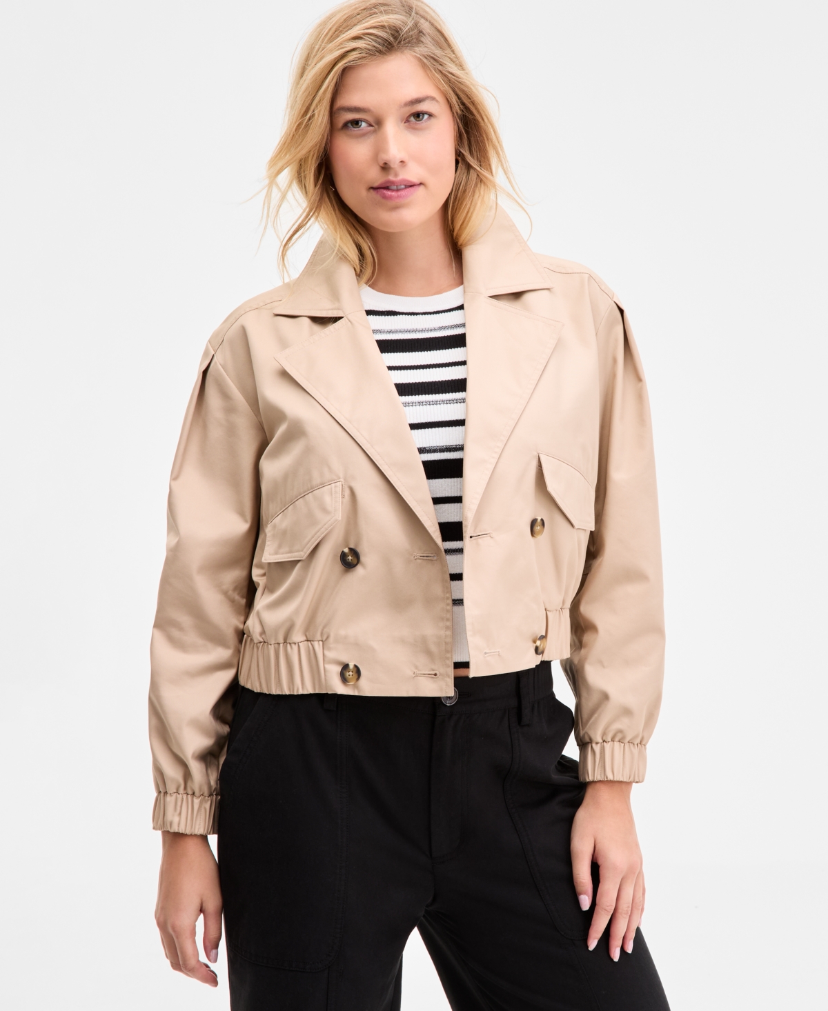 Women's Solid Cropped Trench Jacket, Exclusively at Macy's - Cinnamon Brulee