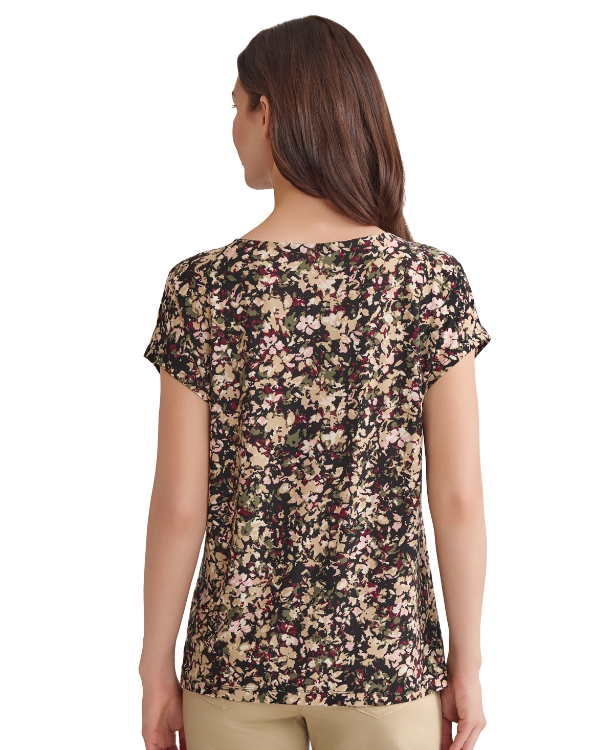 Jones New York Petite Keyhole-neck Short-sleeve Knit Top In Brown