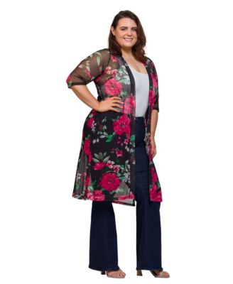 Plus Size Sheer Floral Knee Length Duster Cardigan Sweater