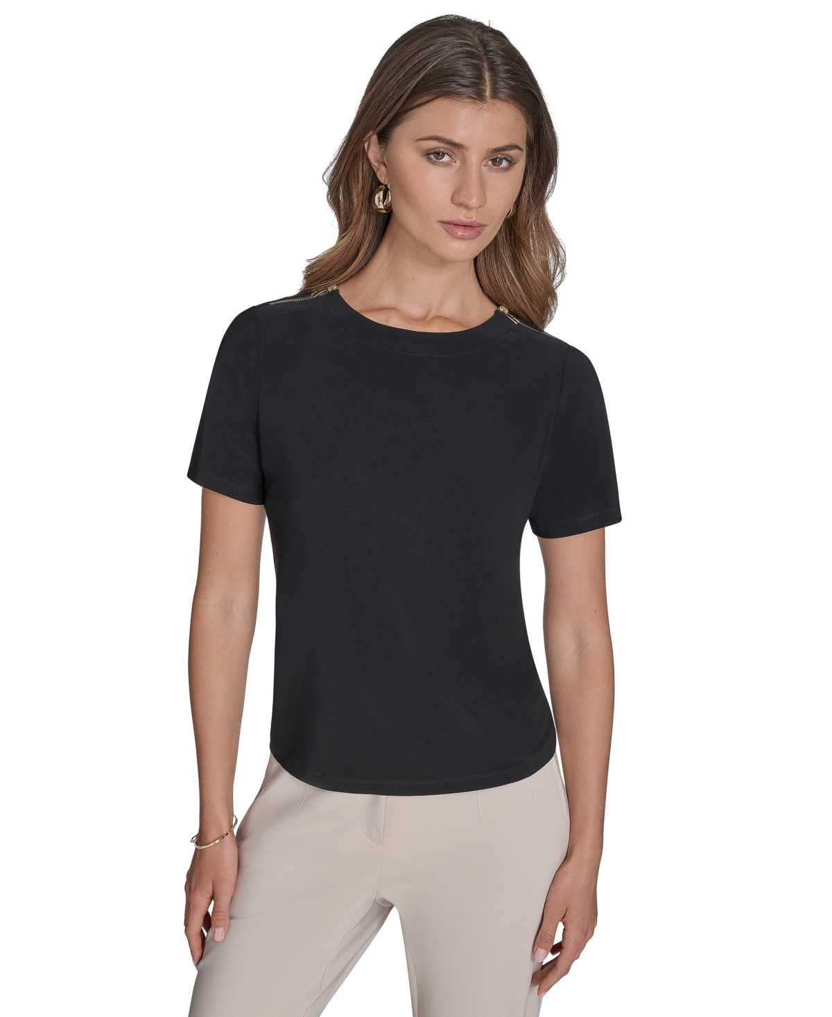 Halston Women's Jersey Zipper-shoulder Short-sleeve Top In Black