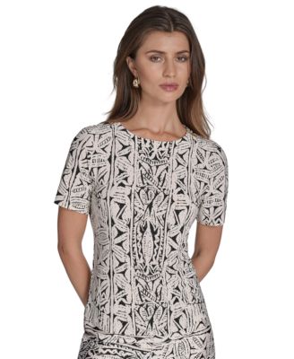 Halston - Women's Printed Zipper-Shoulder Crewneck Top