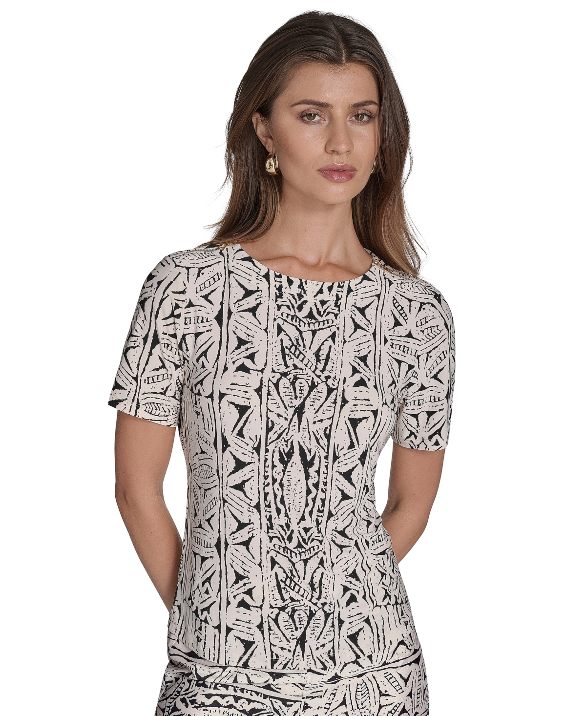 Halston Women's Printed Zipper-shoulder Crewneck Top