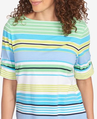 Petite Multi Stripe Roll Tab Sleeve T Shirt