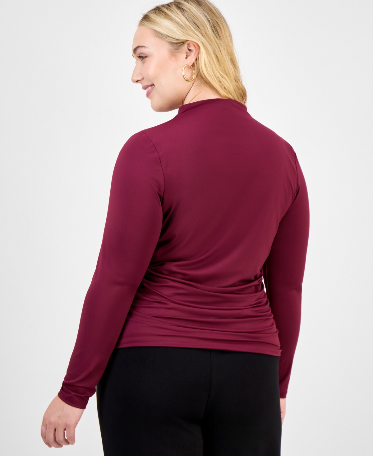 Bar Iii Trendy Plus Ruched Mock-neck Long-sleeve Top, Macy's Exclusive In Red