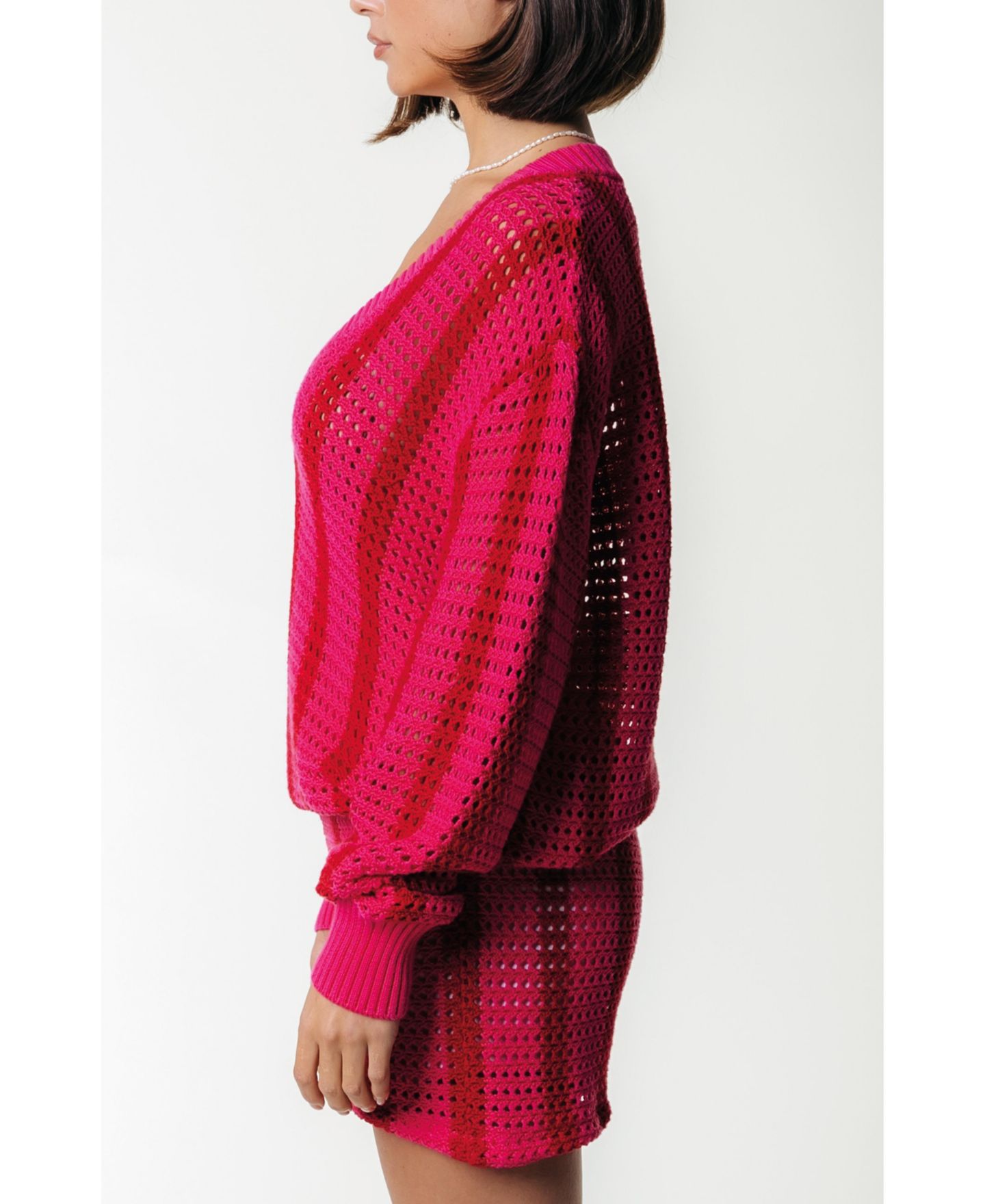 Женский свитер Colourful Rebel Lizza Crochet Stripe V-Neck, цвет: Средний яркий розовый — фото 2