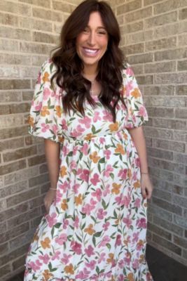 Maternity White Floral Puff Sleeve Maxi Dress