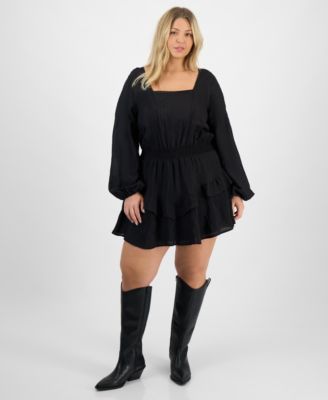 And Now This - Trendy Plus Size Embroidered Balloon-Sleeve Mini Dress