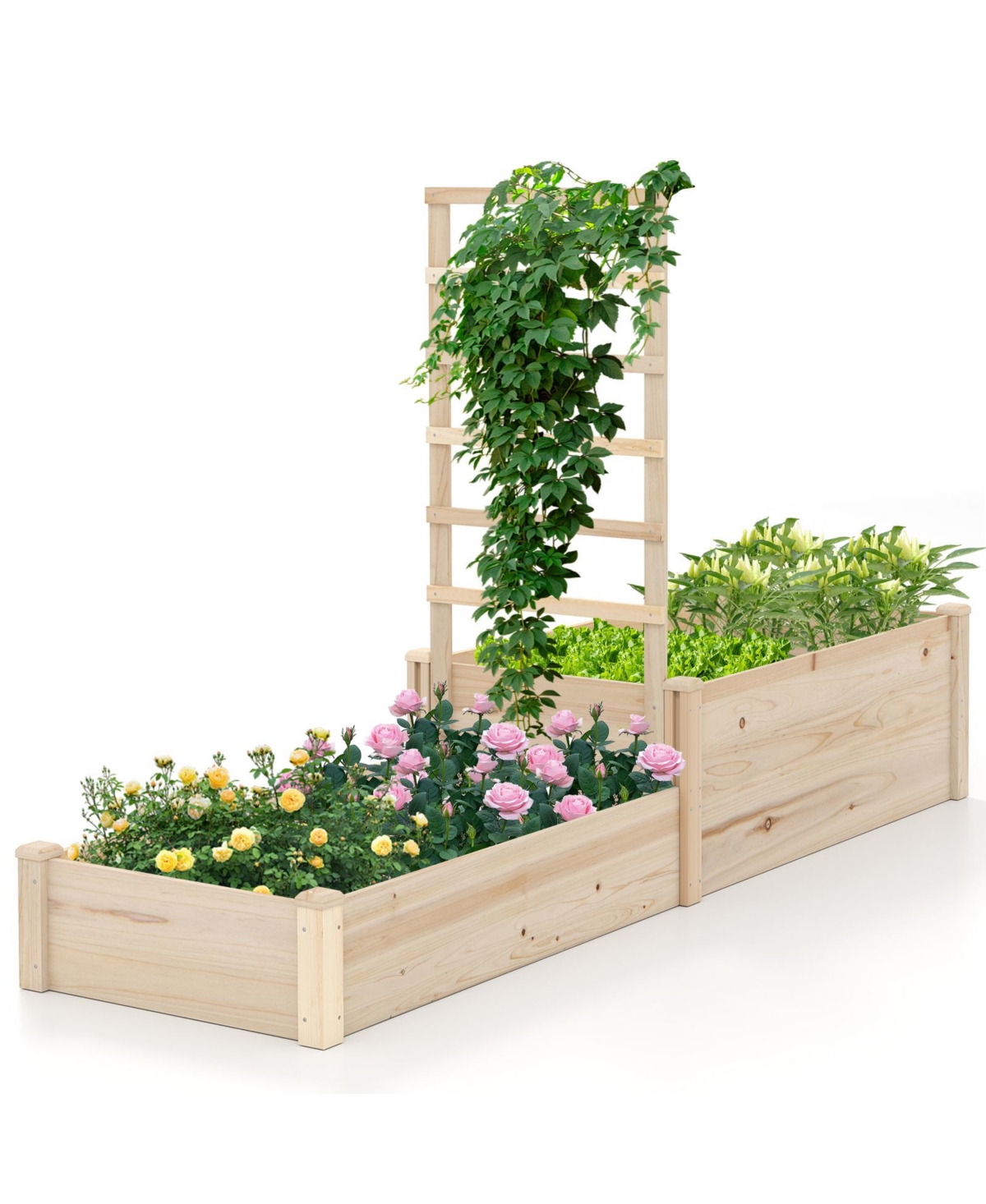 Raised Garden Bed with Trellis and 2 Elevated Planter Boxes for Space-Saving Vertical Gardening - Natural