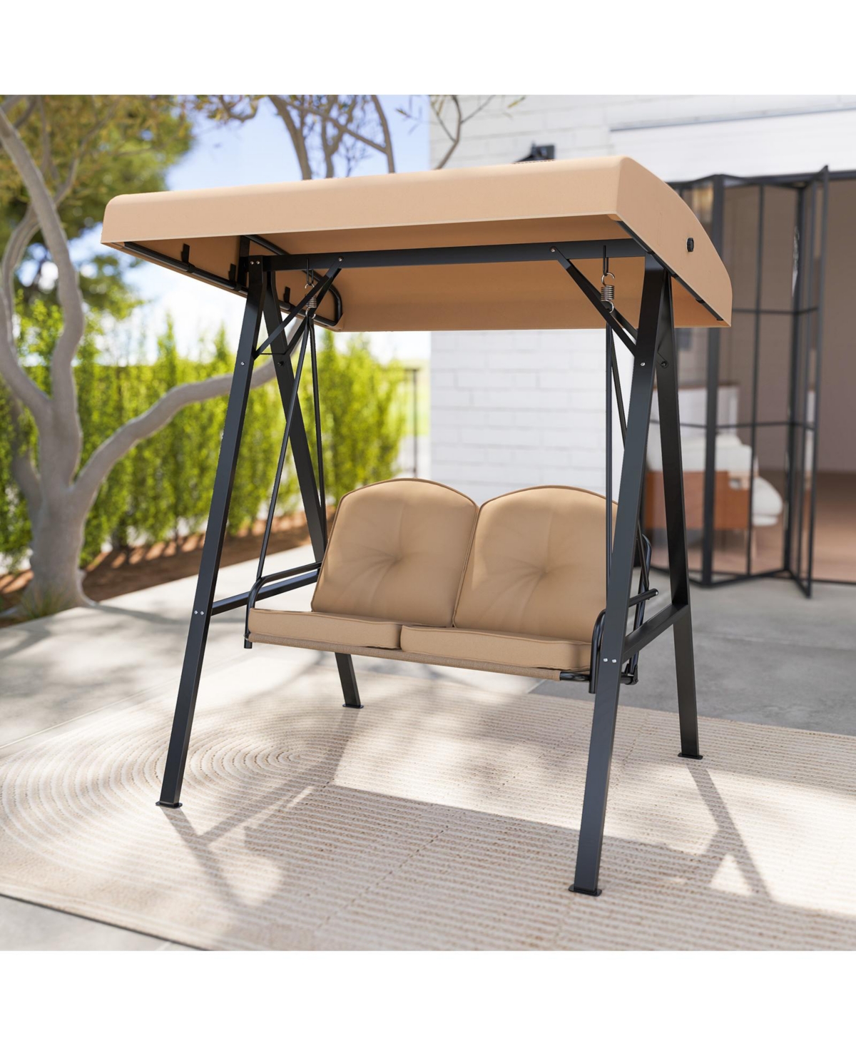 2-Person Outdoor Porch Swing with A-Shaped Metal Stand and Adjustable Canopy