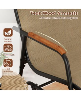 Patio Glider Bench with Curved Teak Armrests and Breathable Fabric Seat for 2 People