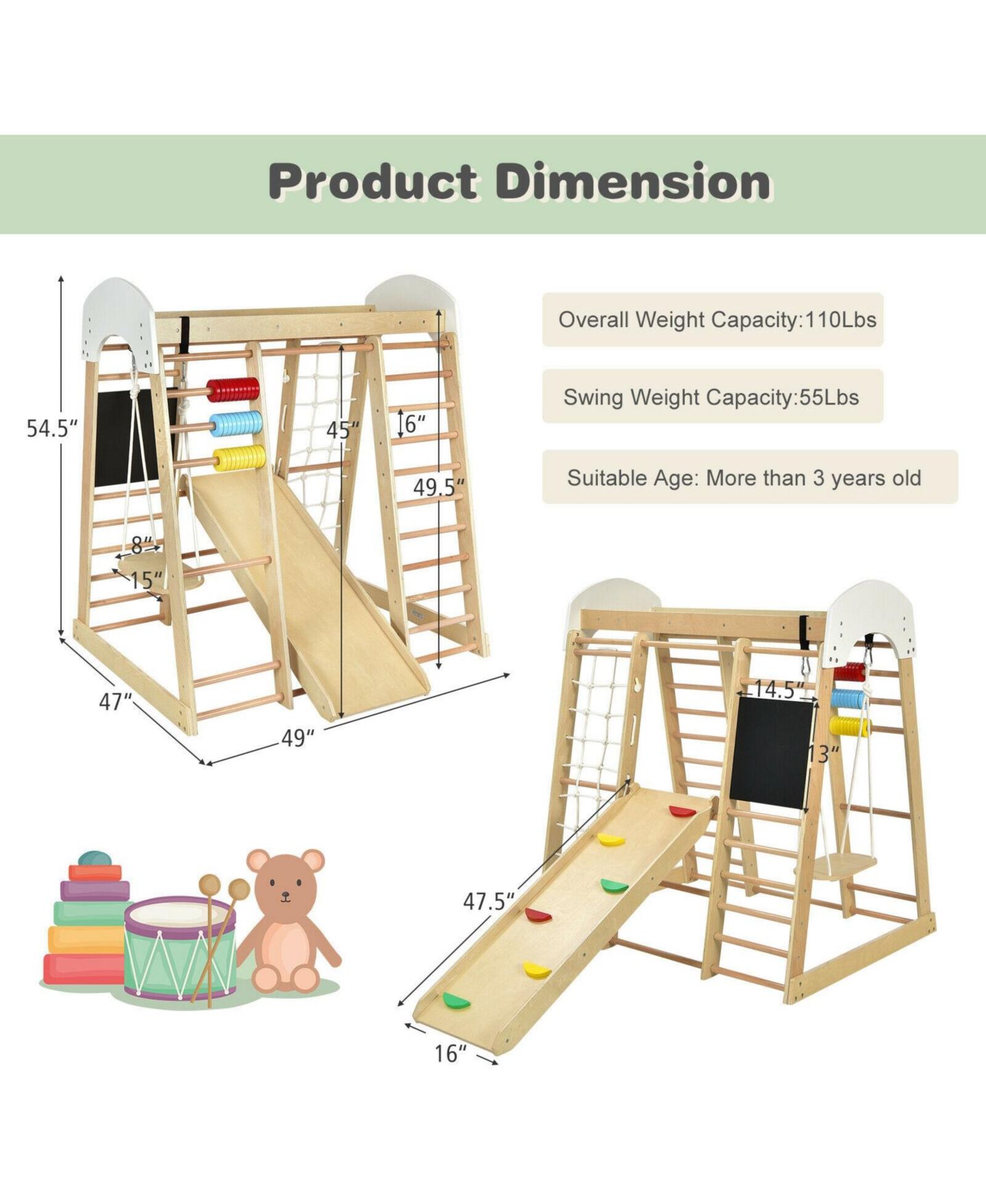 Детский игровой набор Mecale 8-in-1 Wooden Climber Play Set with Slide and Swing, Supports 110 lbs, Ages 3+, цвет: Натуральный — фото 5