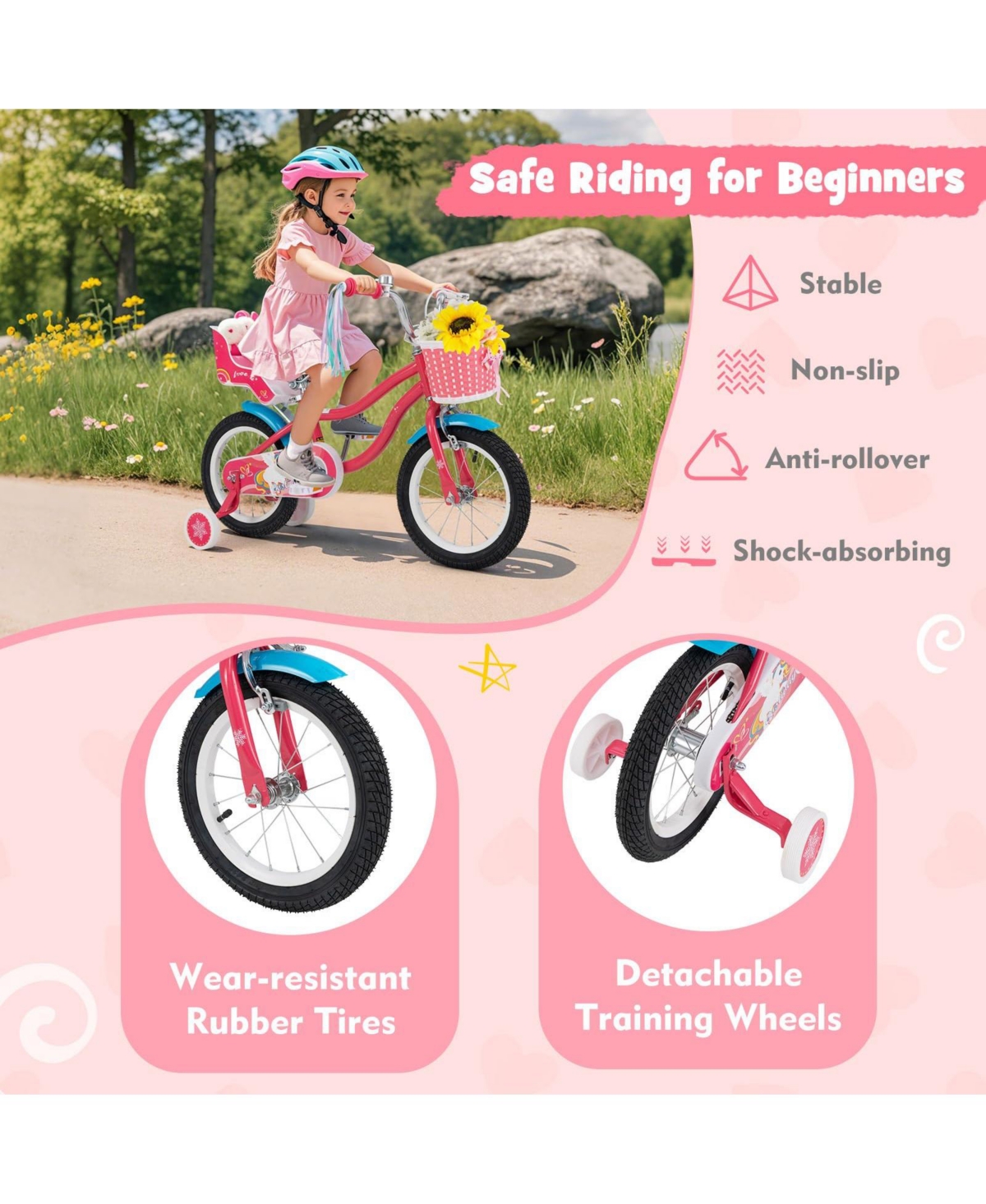 14 Inch Girls Bike for 3-8 Years Old Kids Bike with Doll Seat and Training Wheels