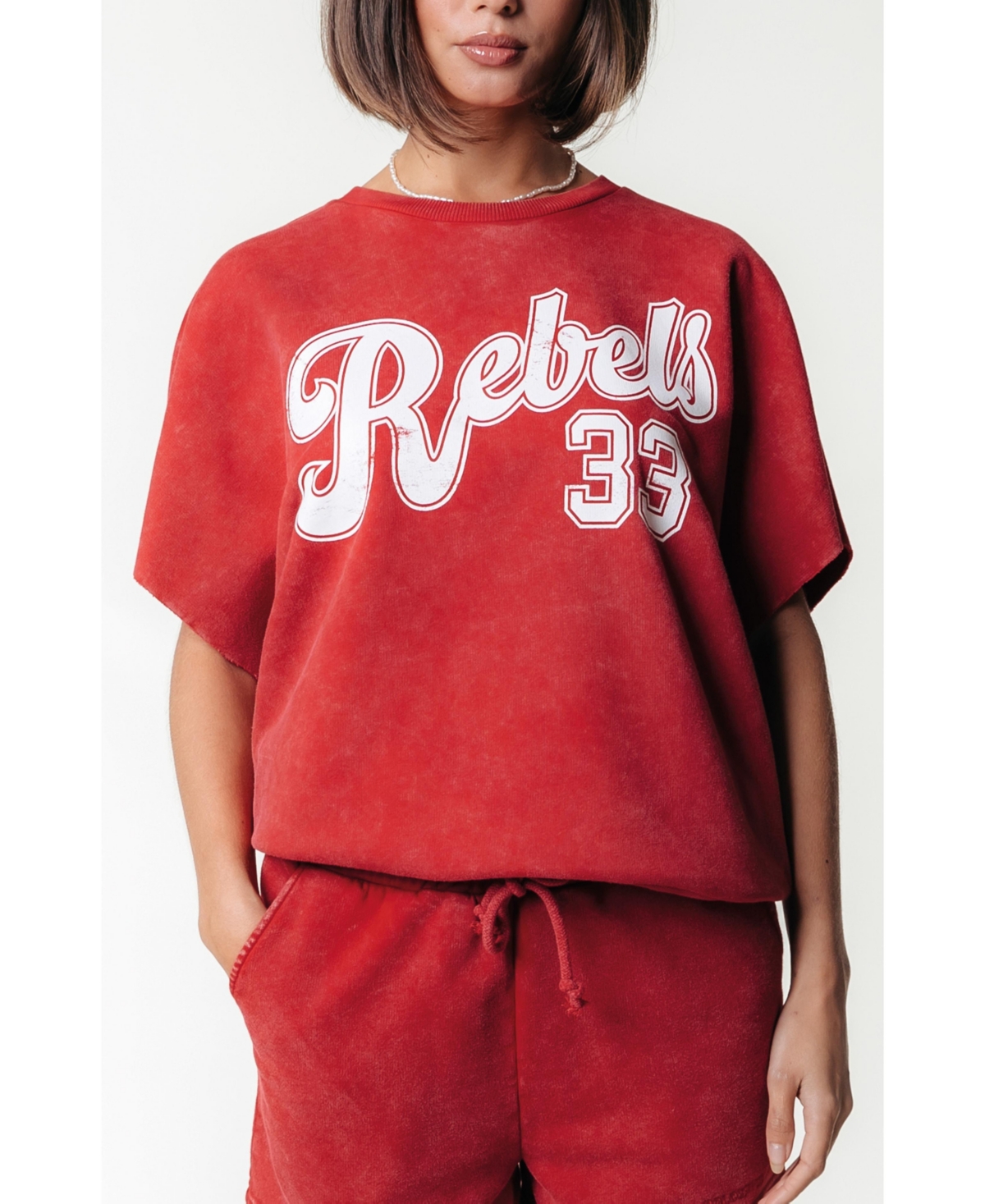 Women's Rebels 33 Acid Wash Drppd Shldr Sweat Ss
