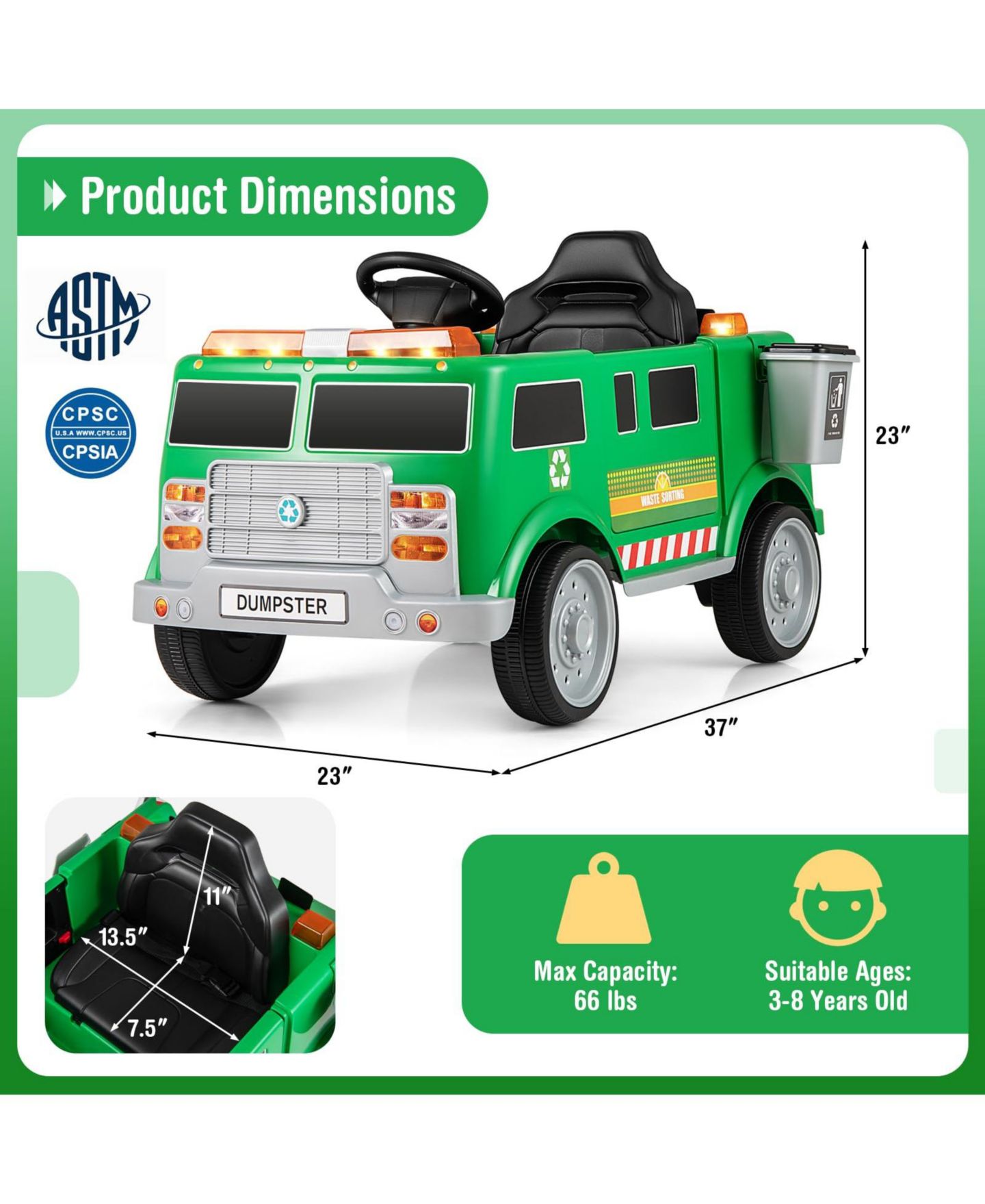 Детская игрушка Mecale 12V Battery Powered Electric Vehicle with Remote Control and Trash Bin, цвет: Зелёный — фото 3