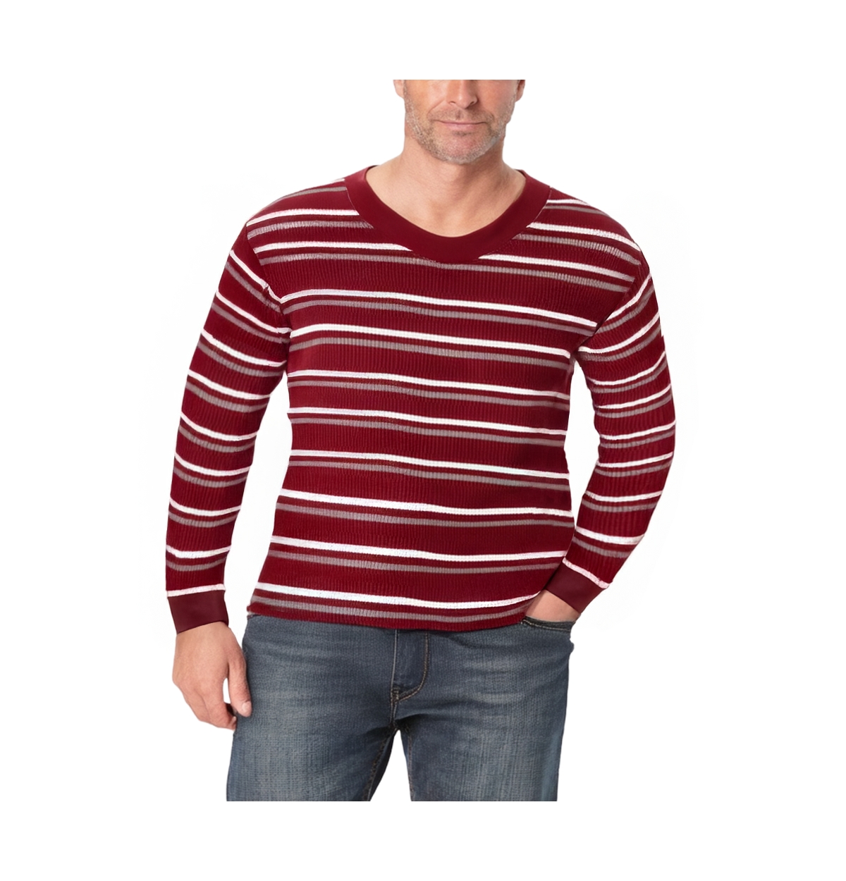 Men's Big & Tall Waffle-Knit Thermal Crewneck Tee - Rich burgundy stripe