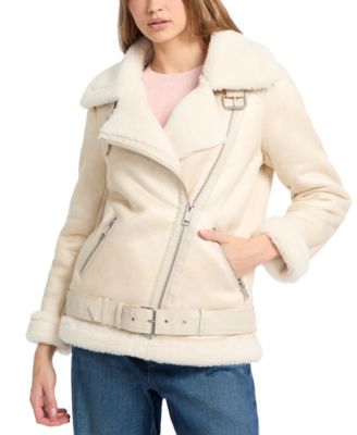 GUESS - Women's Faux-Shearling Asymmetric Moto Coat