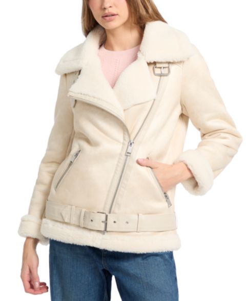 Женские куртки GUESS Women's Faux-Shearling Asymmetric Moto Coat