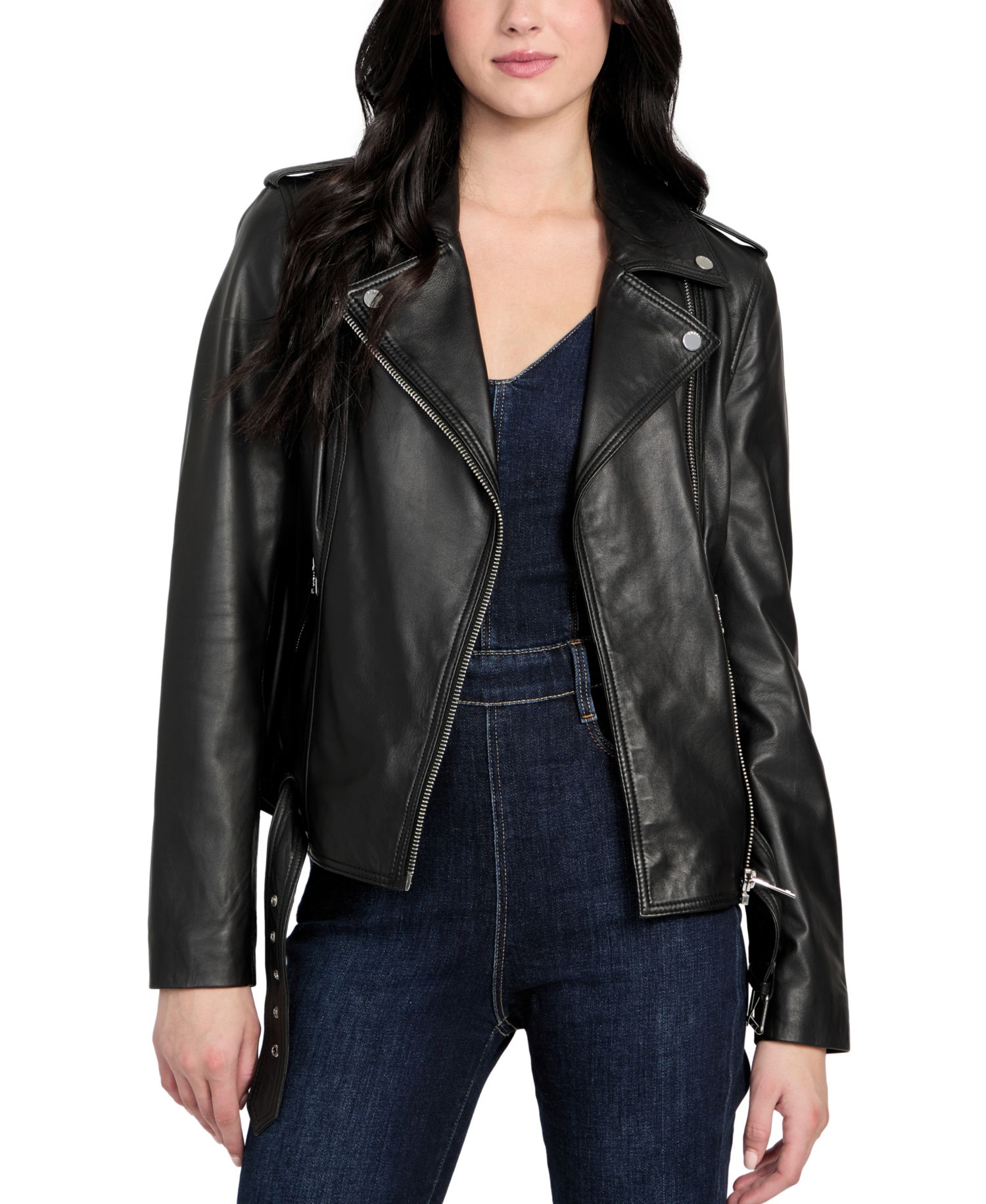 Women's Asymmetric Belted Leather Moto Jacket, Created for Macy's