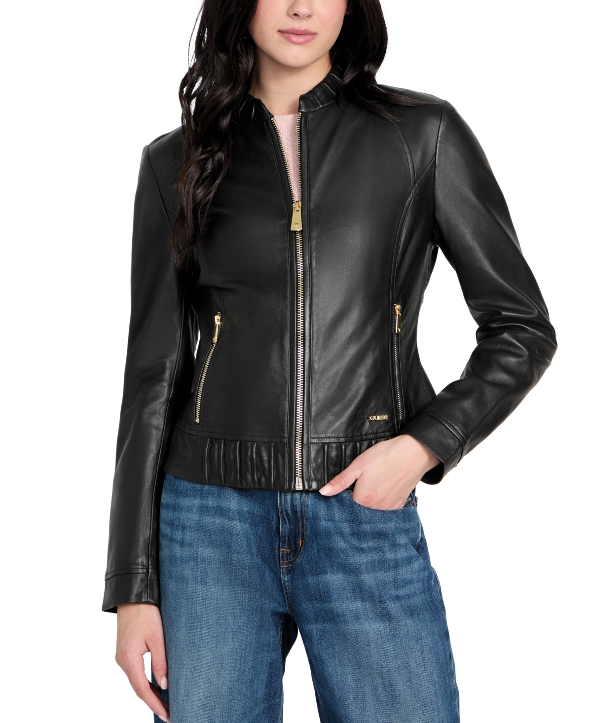 Women's Collarless Zip-Front Leather Jacket - Black