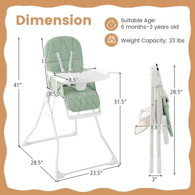 Toddler Easy Clean Compact Highchair with Removable Adjustable Tray and PU Seat Cushion