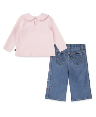 Little Girls 2-Piece Bow Top and Wide Jeans Set