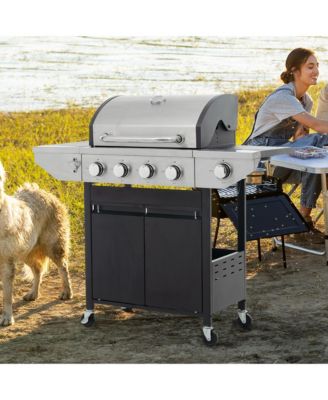 Stainless Steel 5-Burner 46,500 BTU Propane Gas Grill with Side Shelves, 4 Wheels