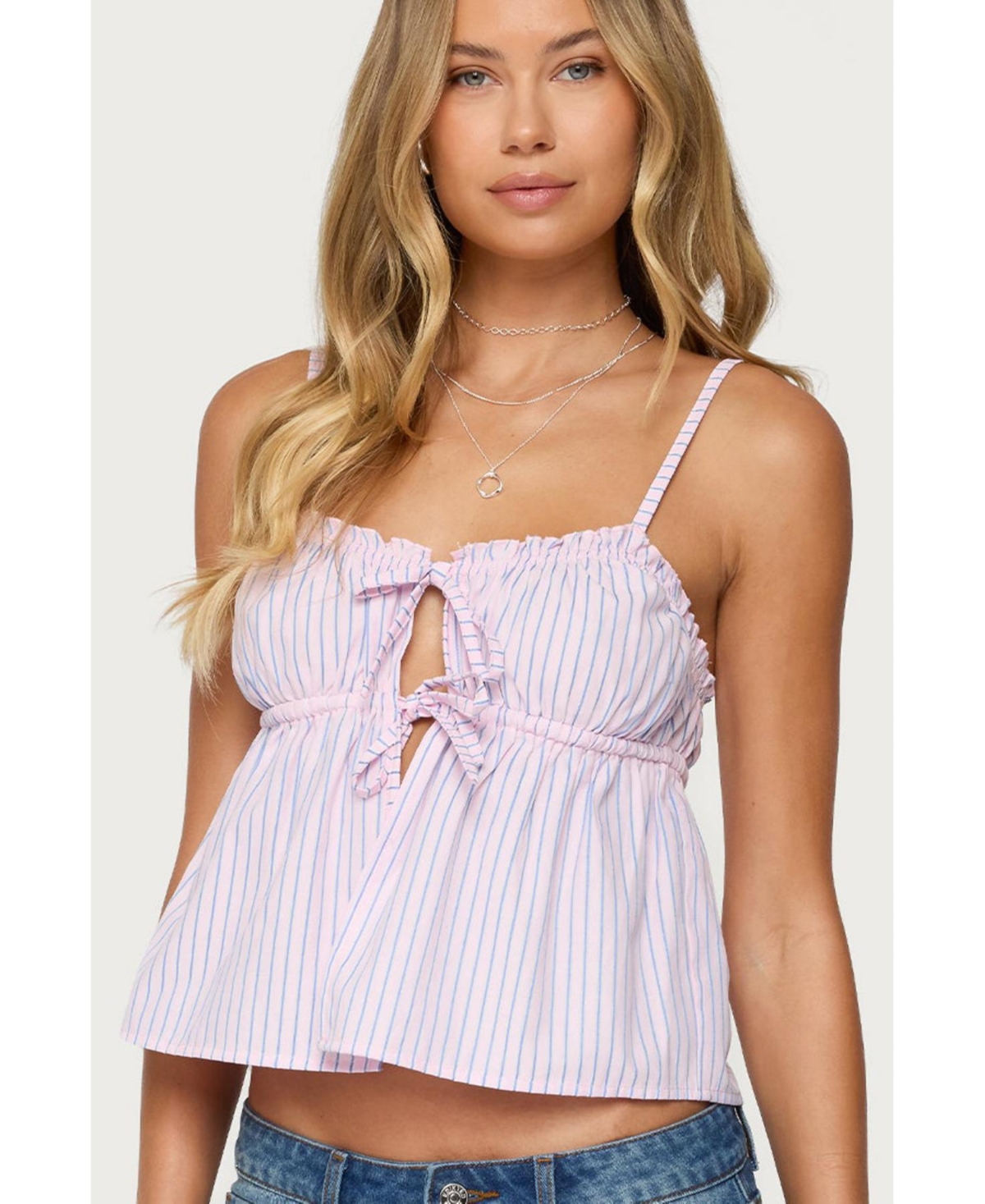 Women's Avenly Striped Tie Front Babydoll Top - Pink