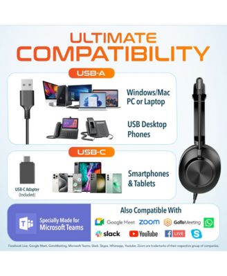 30Y Wired Computer Headset, MS Teams Compatible, Mono Headphones With Dual Noise-Cancelling Microphones, In-Line Controls, On-Ear USB Headset for PC, Laptop - Black