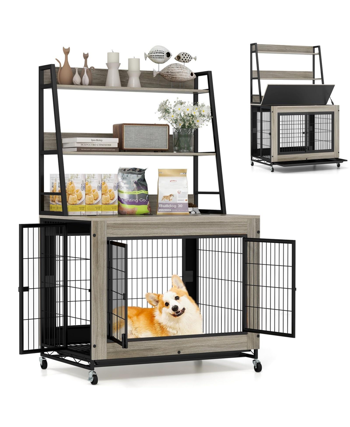 Industrial Dog Kennel Dog Crate Furniture with Storage Shelves - Grey