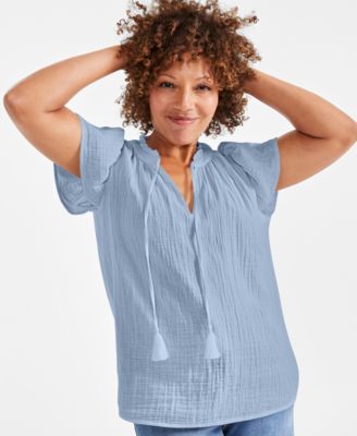 Style & Co - Petite Cotton Flutter-Sleeve Ruffle Top