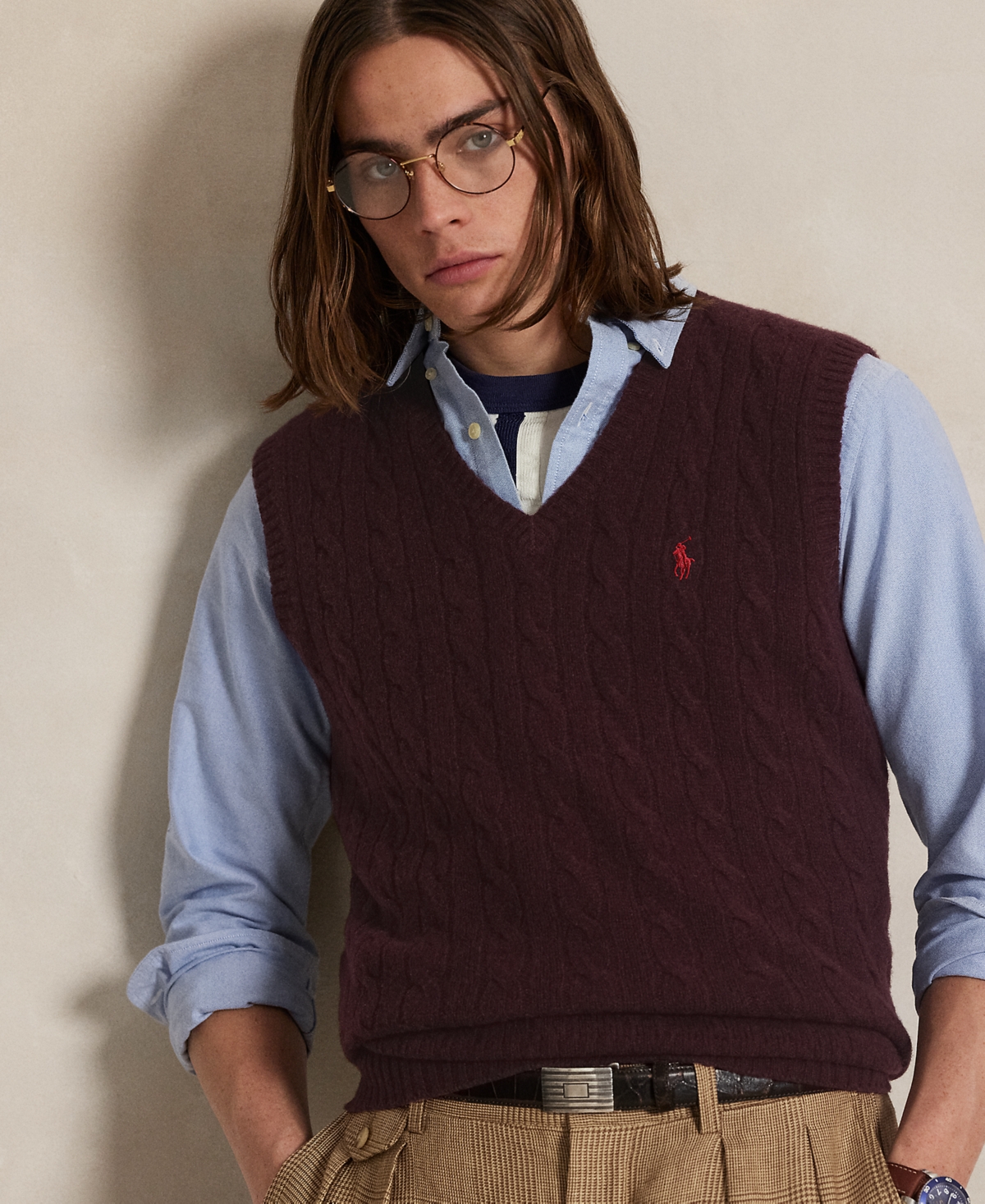 Polo Ralph Lauren Bordeaux Sleeveless Vest With V Neck And Pony Embroidery On The Front In Wool And Cashmere Man In Brown
