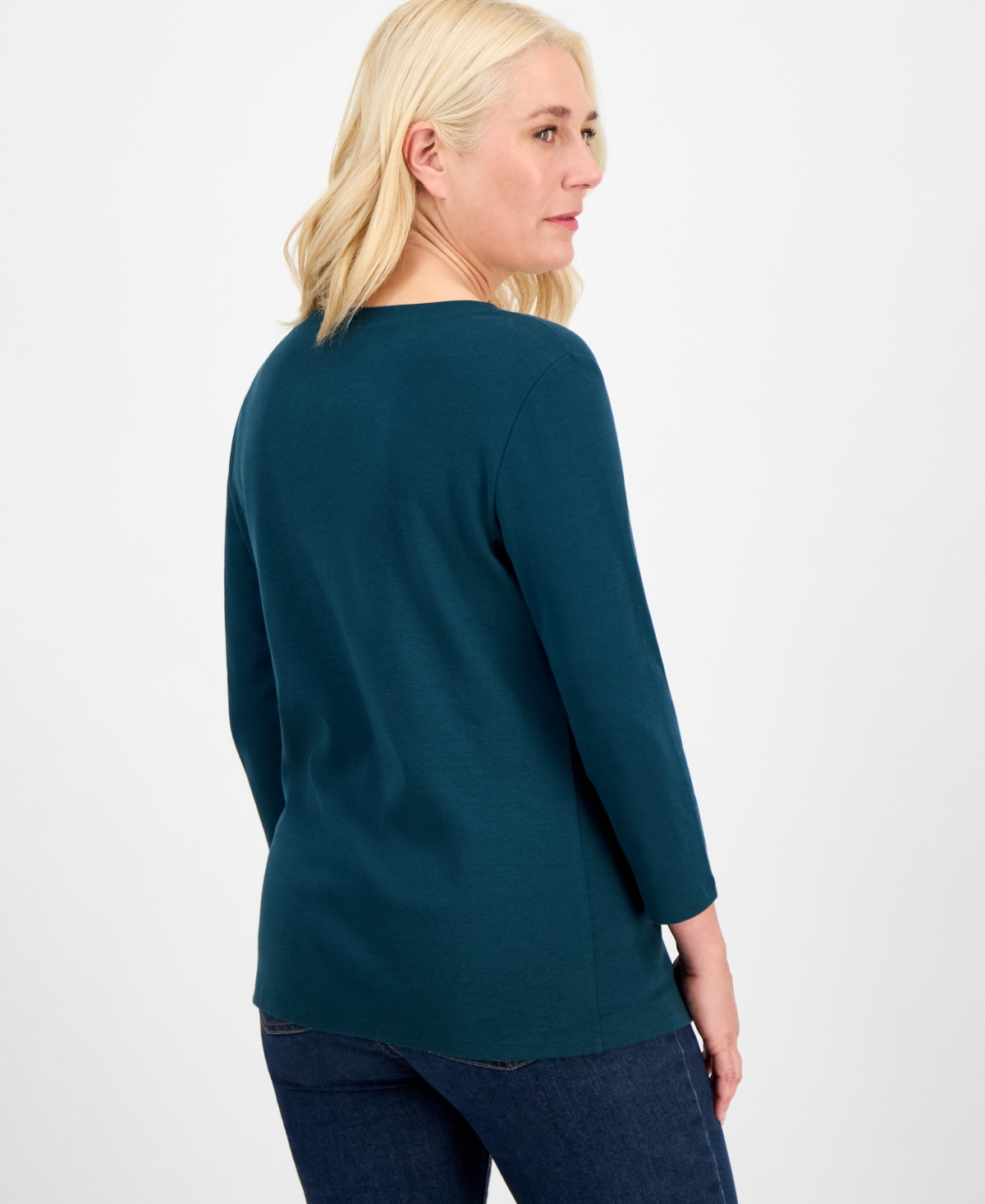 Style & Co Women's Cotton 3/4-sleeve Henley Tee, Created For Macy's In Green