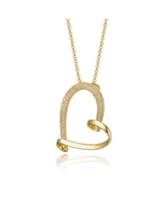 14k Yellow Gold Plated with Cubic Zirconia Open Ribbon Heart Asymmetrical Pendant Necklace