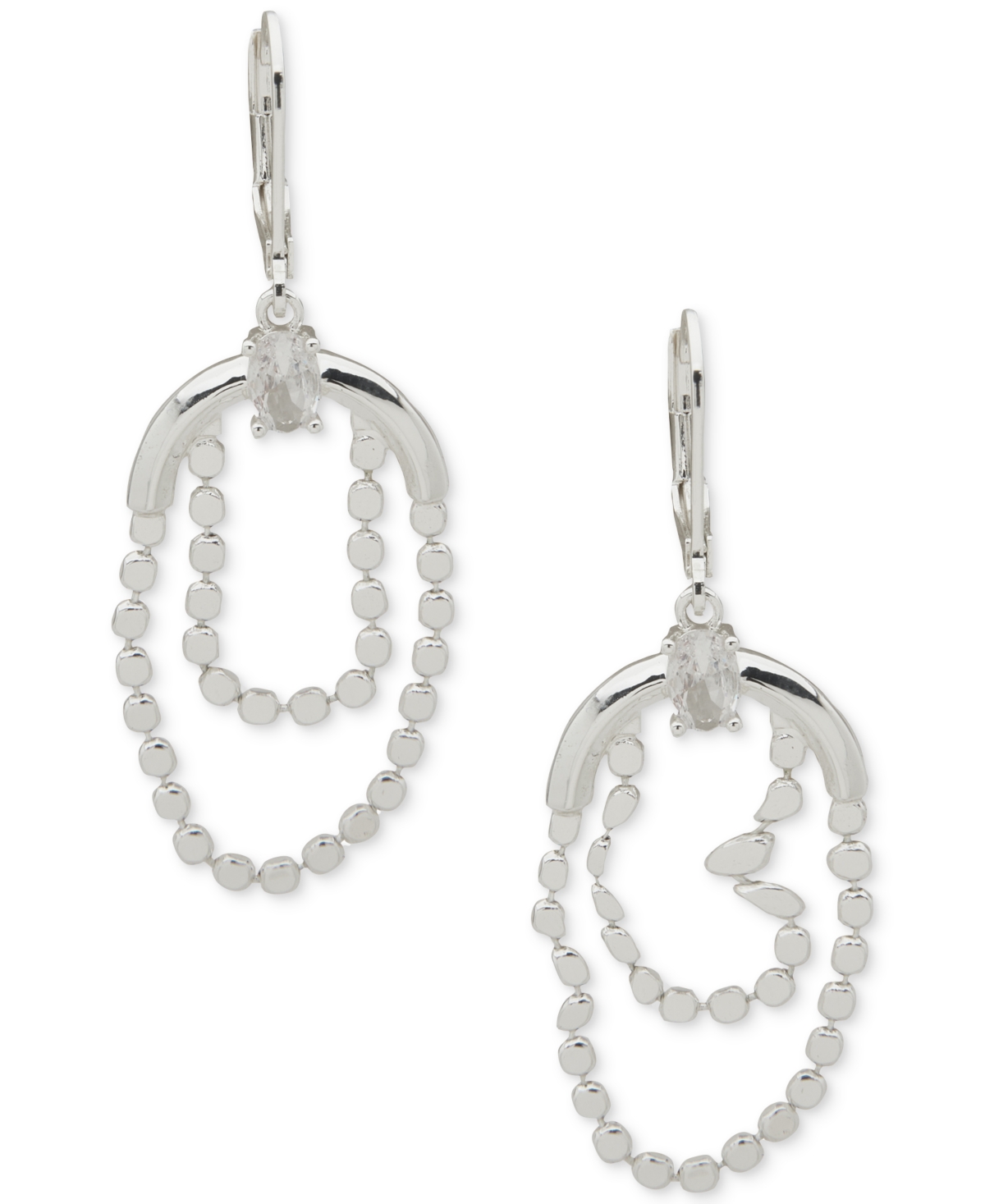 Silver-Tone Double Flat Chain Cubic Zirconia Drop Earrings - Crystal