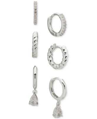 Metal 3-Pc. Set Texture Crystal Hoop Earrings