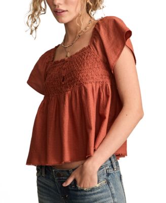 Women's Cotton Smocked-Bodice Babydoll Top
