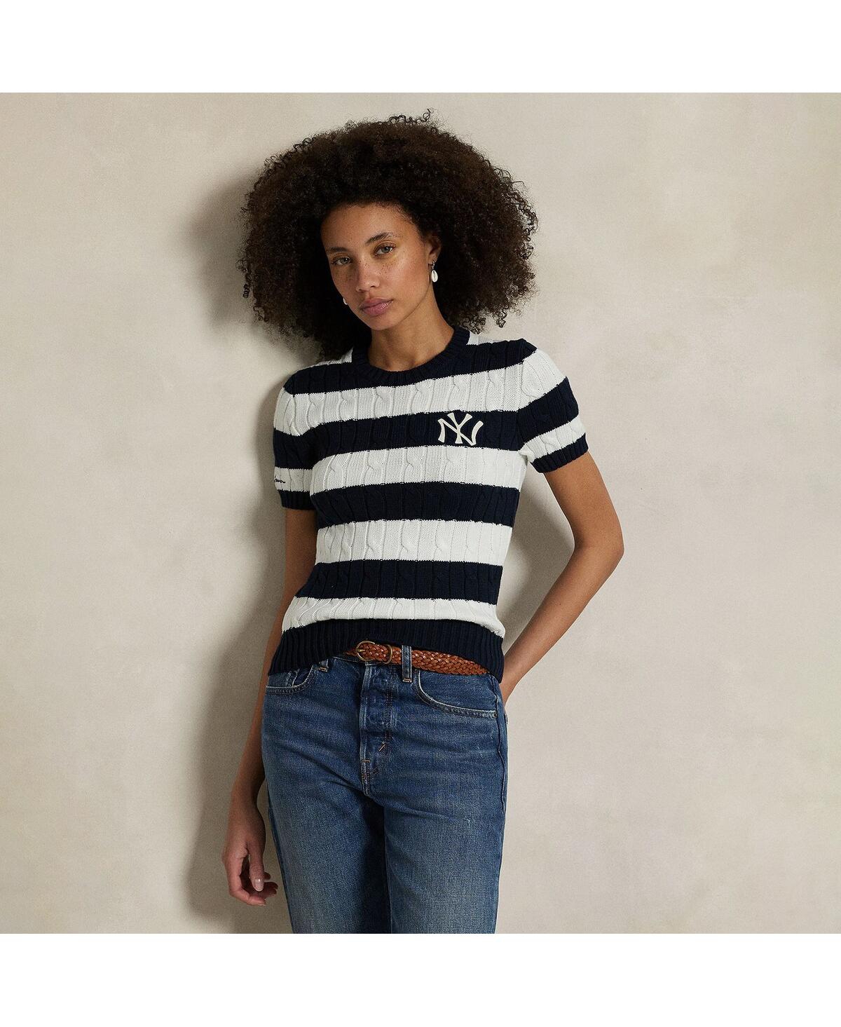 Polo Ralph Lauren Women's Navy/white Yankees Short Sleeve Cable Knit Sweater