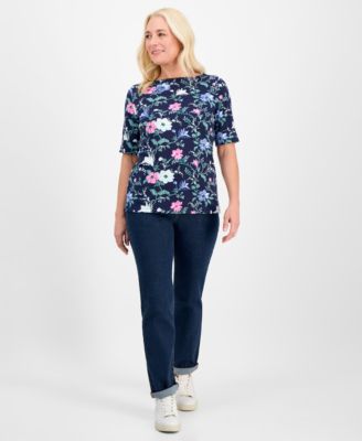 Petite Floral Chintz Boat-Neck Elbow-Sleeve Top, Macy's Exclusive