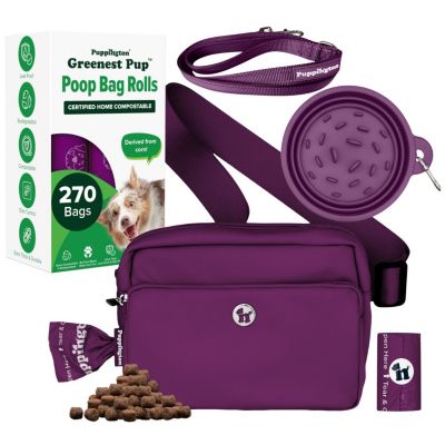 Walk Star Kit: 3-in-1 Dog Walk Bag, Bowl, & Leash plus Matching 270 Refill Dog Poop Bags