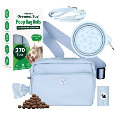 Walk Star Kit: 3-in-1 Dog Walk Bag, Bowl, & Leash plus Matching 270 Refill Dog Poop Bags