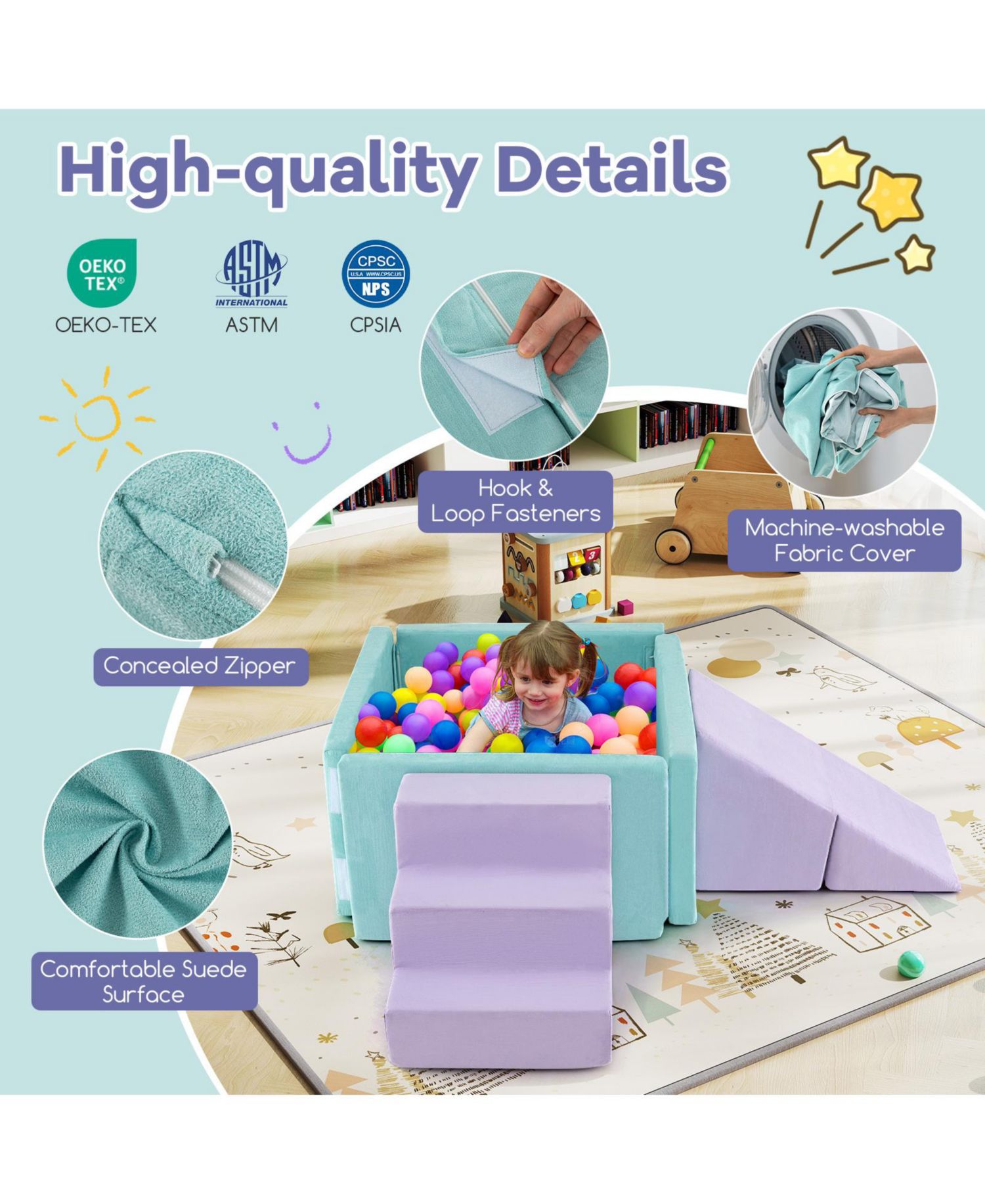 Kids 3-in-1 Soft Climbing Blocks Play Set with Foam and Suede Fabric