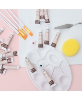 34-PC Acrylic Paint Set -  24 Colors (12ml) Acrylic Craft Paint,  2 Canvases, 5 Paint Brushes, Painting Pallet, Painting Knife, and 1 Sponge